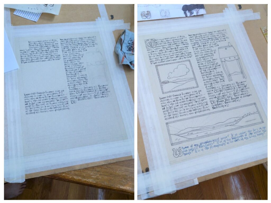 Two photographs next to each other in a photo collage. Both are progress shots of "Attachment". The photo on the left shows the text written with quill & ink, with empty spaces and some pencil lines for the illustrations. In the photo on the right, the illustrations have been outlined in ink. In both photos, the parchment paper is taped down on a drawing board and various bits and pieces like paper towel and scratch paper are visible in the background.
