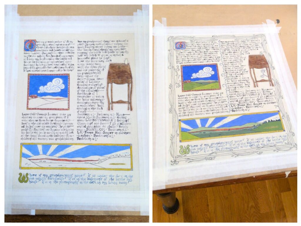 Two photographs combined in a photo collage. Both are progress shots of "Attachment", showing the paper taped down on a drawing board. In the photo on the left, the paintings have begun to be filled in, although none of the green areas are painted yet. In the photograph on the right, the illustrations have been filled in with paint, and a border has been drawn in ink but not yet painted.