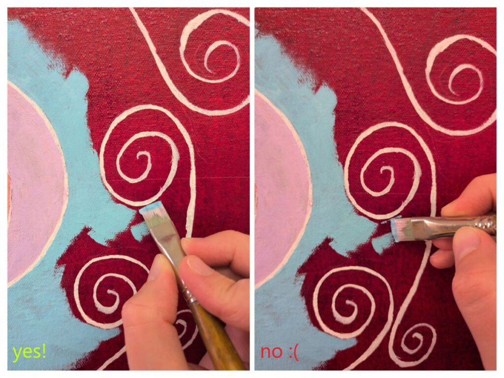 Two photos of a hand holding a paintbrush and painting an edge with oil paint, demonstrating the hand/brush positions described above.