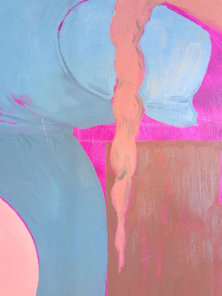 Photograph of an in-progress oil painting, showing several blocks of color with sharp edges.