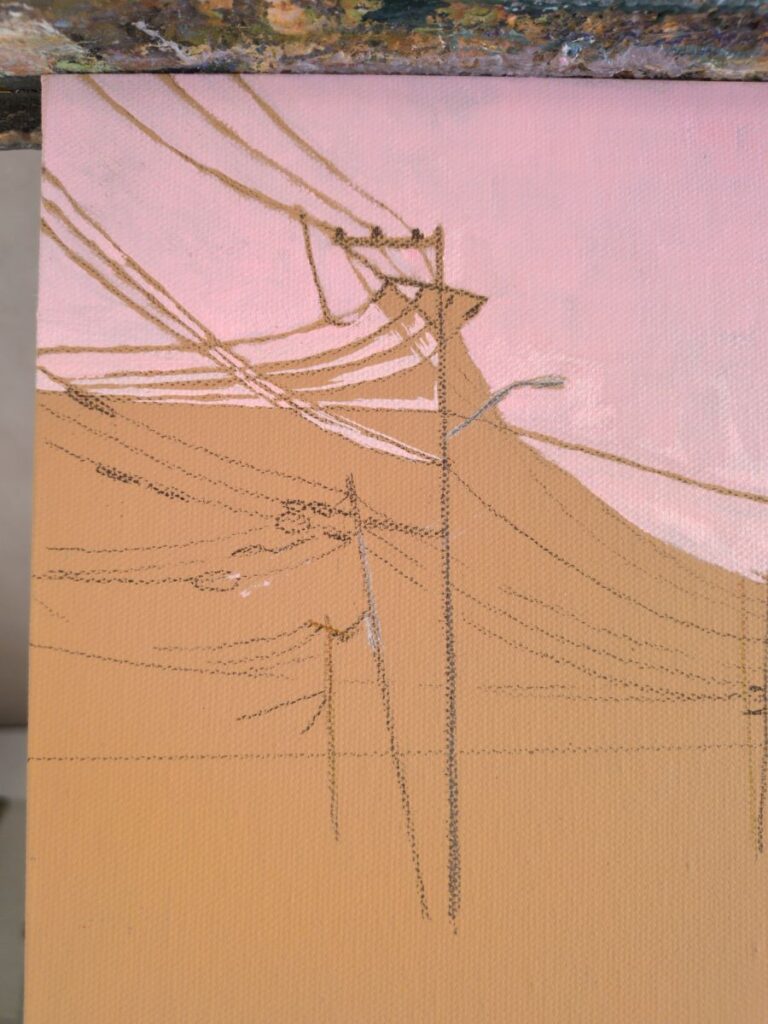 Photograph of an in progress oil painting showing several blocks of color, including a couple edged with very thin lines.