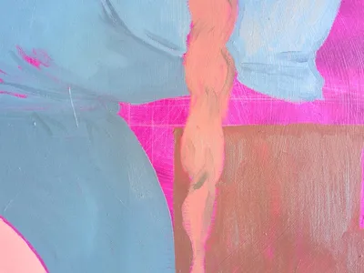 Photograph of an in-progress oil painting, showing several blocks of color with sharp edges.