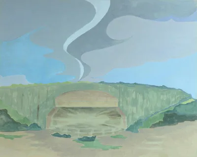 Oil painting of a WWII-era military structure along the California coast with an abstracted cloudy sky/