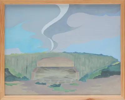 Oil painting of a WWII-era military structure along the California coast with an abstracted cloudy sky/
