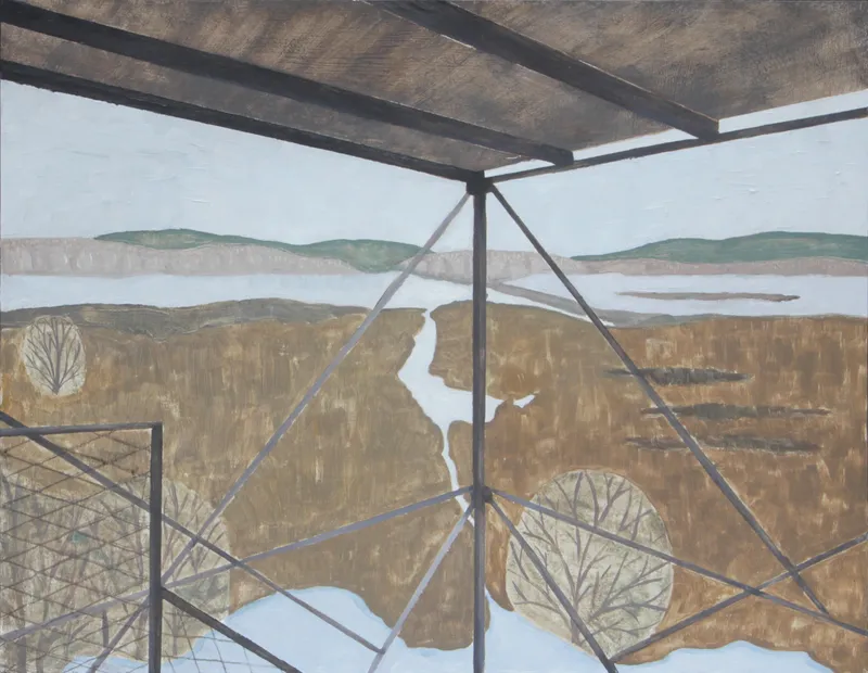 Oil painting of a cold wintery marsh landscape, seen through the beams of a birdwatching tower,
