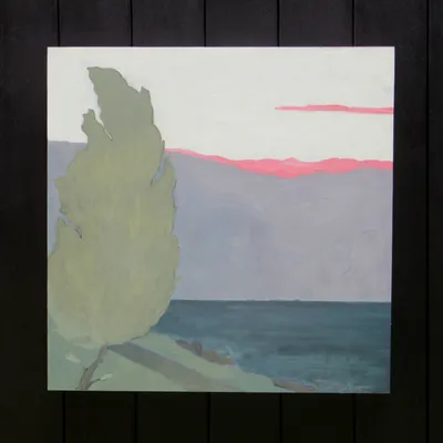 Oil painting of a tree in front of an ocean, with purple and pink clouds in the sky. Highly simplified and flat shapes.