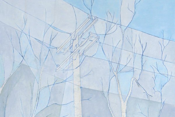 Oil painting of telephone pole with electrical wires and some tree branches against an abstracted blue sky.