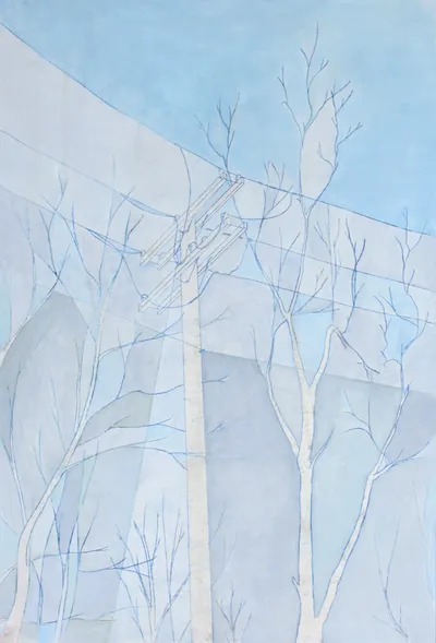 Oil painting of telephone pole with electrical wires and some tree branches against an abstracted blue sky.