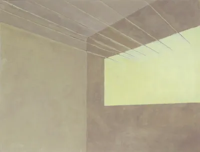 Oil painting of an abstracted brown and yellow room, showing rays of light coming in from a window.