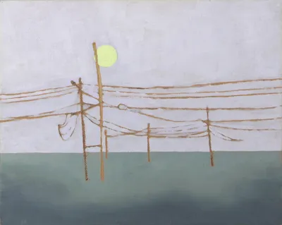 OIl painting of telephone poles and wires in a simple abstracted pale purple and teal landscape.
