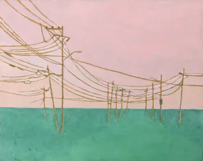 OIl painting of telephone poles and wires in a simple abstracted pink and green landscape.