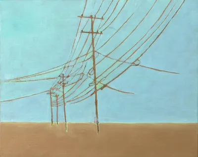 OIl painting of telephone poles and wires in a simple abstracted cyan and orange landscape.