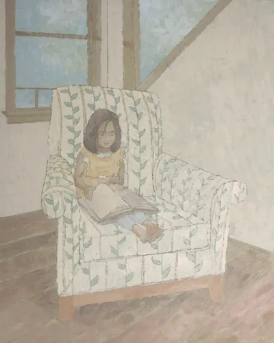 Oil painting of a child in an orange dress reading in a patterend armchair.