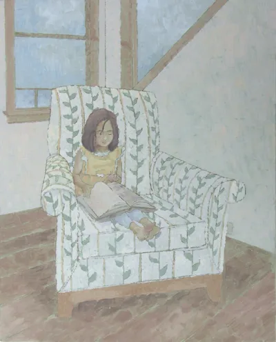 Oil painting of a child in an orange dress reading in a patterend armchair.
