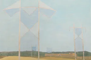 Oil painting of towers for carrying electric transmission lines silhouetted against a geometric blue sky, over a yellow field.