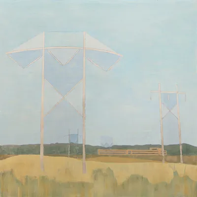 Oil painting of towers for carrying electric transmission lines silhouetted against a geometric blue sky, over a yellow field.