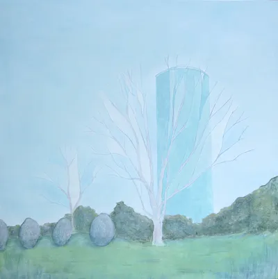 Oil painting of a water tower seen through bare tree branches.
