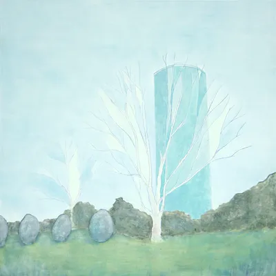 Oil painting of a water tower seen through bare tree branches.