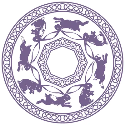 Illustration eight connected rabbits running in a circle, with celtic knotwork borders, all in purple