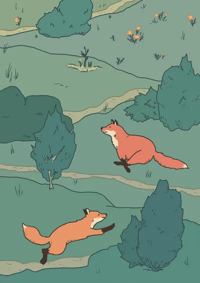 illustration of two foxes running up a grassy hill