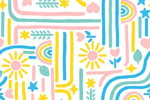Digital illustration of a portion of a repeating pattern, featuring rainbows, flowers, hearts, suns, stars, and lines.