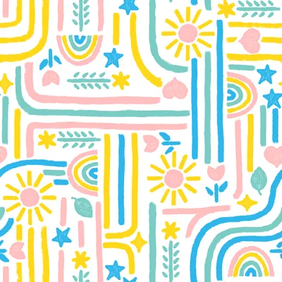 Digital illustration of a portion of a repeating pattern, featuring rainbows, flowers, hearts, suns, stars, and lines.