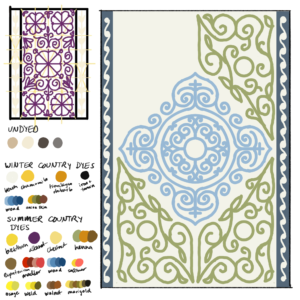 Designs for two Ugaro blankets. The bottom left corner of the image is filled with color swatches for various natural dyes, clustered by where they might grown in the world of the Tuyo books. Above the color swatches is a small rectangle with a sketched out design for a blanket, taller than it is wide. The blanket has a vertical border stripe on each side, with cream-colored tulip or leaf shaped motifs. The center portion of the blanket is has five large floral shapes (one in the center, and four in the corners around it), with the space between filled in by curly-cues and abstract leaf-like shapes, all drawn as simple purple outlines with no background color. The right half of the image is filled with a larger blanket design. The larger blanket also has vertical border strips on both the left and right; these are proportionally narrower than on the small blanket. The borders of this blanket have a dark woad blue background with a white pattern of circles connected by curving lines that arc from the right of one circle to the left side of the circle below on the left border (the design is mirrored on the right border). The large central field of the blanket has a cream colored background. In the middle is a large blue medallion in a light woad blue, with a circle at the very center. The central medallion is roughly diamond shaped, leaving room for other decoration in the northeast, southeast, southwest, and northwest quadrants of the central field. Three of these (northeast, southeast, and southwest) are filled with designs in a light green that might come from henna or onion skin. Near the middle of each of these quadrants is a circle, and the circles are surrounded by curly cues and abstract leaf shapes. The three green designs are mirrored across the vertical and horizontal axes. The fourth quadrant (northwest) is left intentionally blank.
