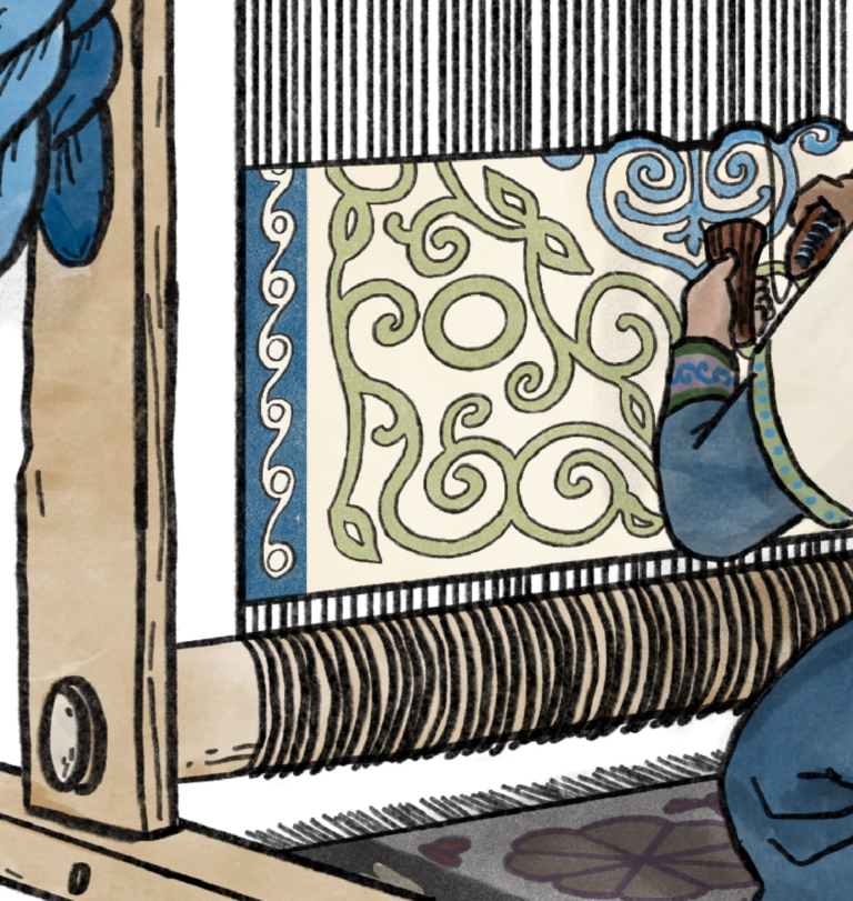 A very closely cropped detail shot of an Ugaro weaver working on a blanket. The wooden frame of the large vertical tapestry loom is visible on the left of the image, along with some extra hanks of blue yarn. The center of the image is occupied by the vertical warp threads and the in-progress blanket. The design being worked on the blanket is the larger blue and green design from the other image on this page. At the very bottom of the image, a portion of the blanket that the weaver and loom are sitting on is visible; this blanket is the purple design from the other image on this page (here it has a gray background, and the purple shapes are filled in with red, brown, and cream). Along the right side of the image, the weaver's hands, left arm, and left knee are just barely visible. The weaver's clothing is largely blue, green, and cream, with bands of decoration along the cuffs. The weaver is holding a shuttle in their right hand and a comb-like beater in their left hand.