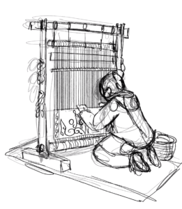Rough pencil sketch of an Ugaro weaver working on an upright tapestry loom. The weaver kneels in the foreground with their back to the viewer, the loom is beyond them, angled so their work is visible. There is a blanket on the ground under the weaver and loom, and a basket by the weaver's right side. The drawing is very rough and sketchy with little detail.