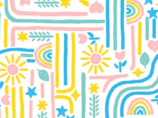 Digital illustration of a portion of a repeating pattern, featuring rainbows, flowers, hearts, suns, stars, and lines.