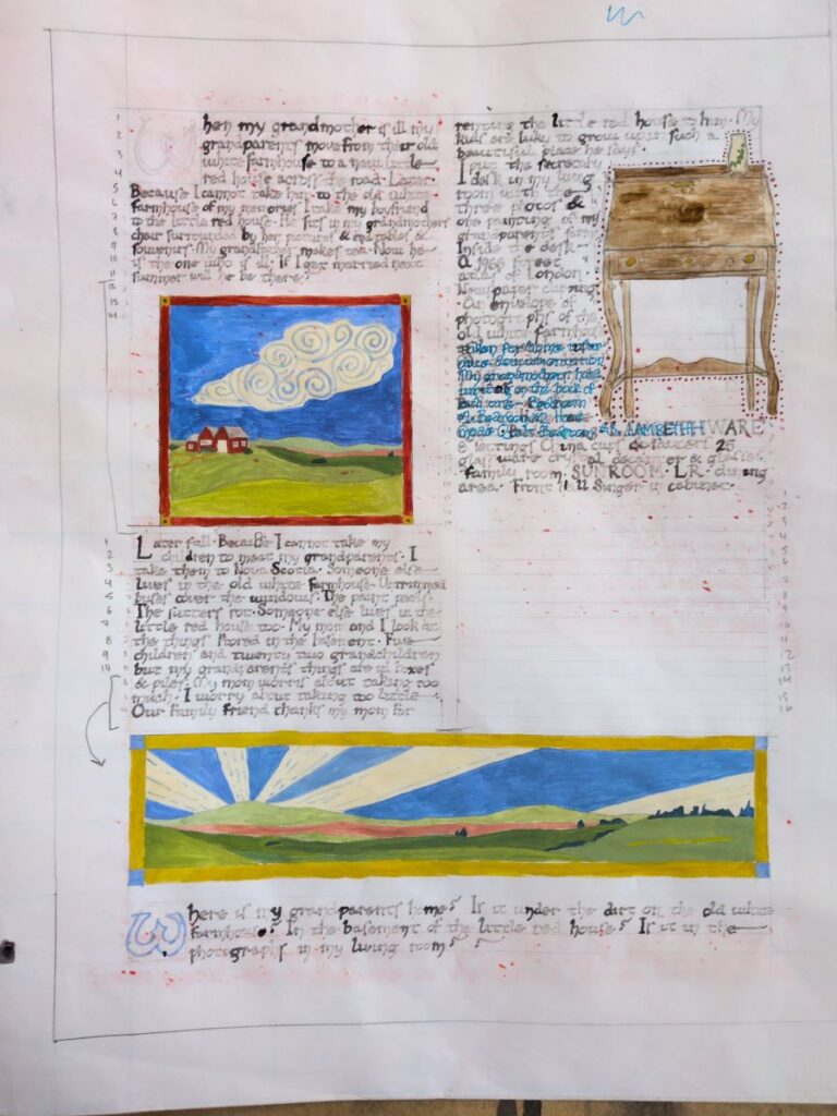 Photo of a rough draft of "Attachment", made on regular paper. The size of the final paper and guidelines for the writing are drawn in calligraphy, a draft of the text has been written with quill & ink, rough drafts of the illustrations are painted in. There's a big empty space, a spot where the black text has been written on top of with blue, and lots of pencil notes in the margins.