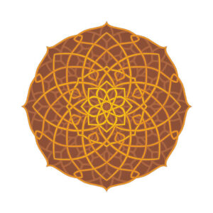 Yellow, orange, red circular mandala with branching geometric designs.