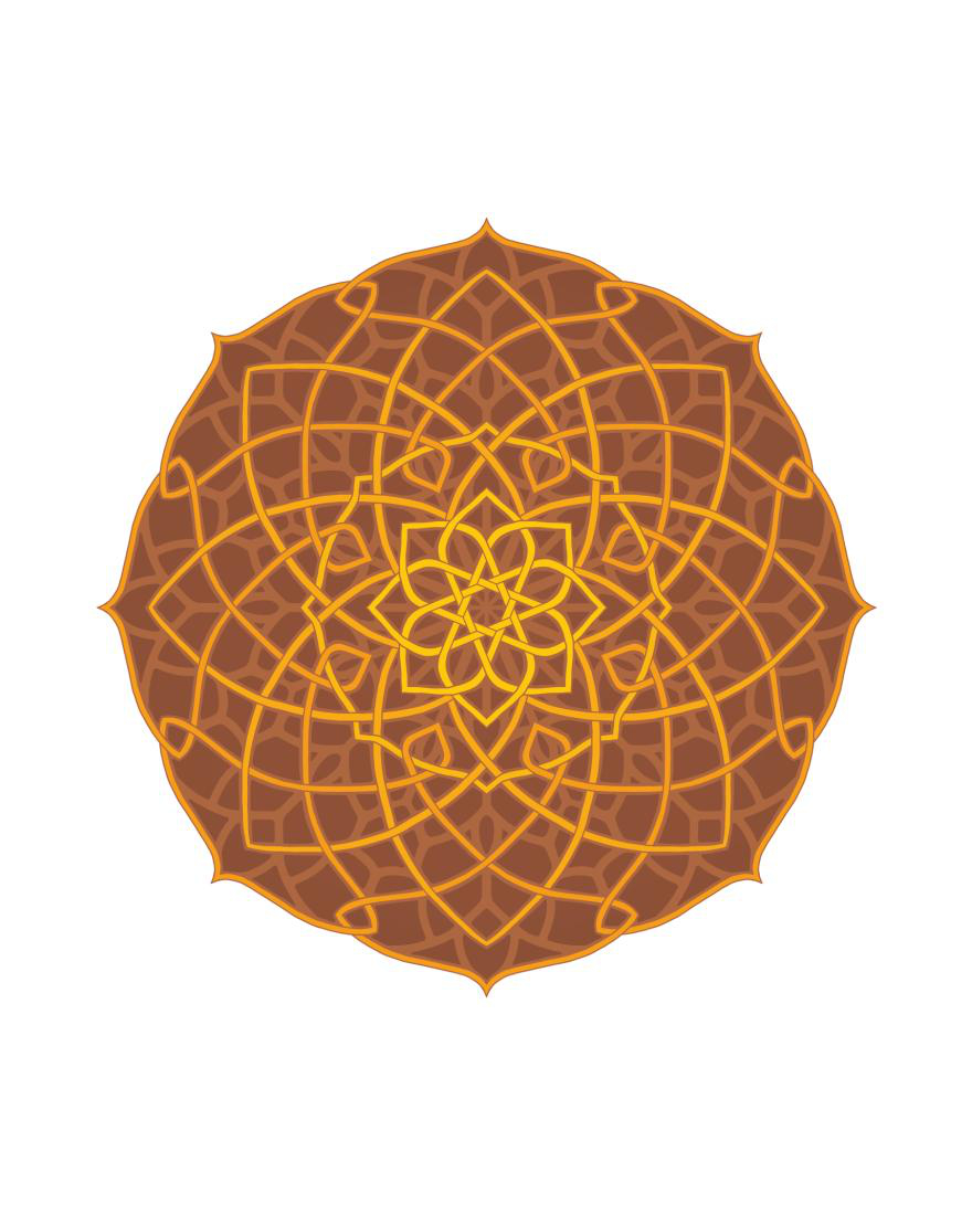 Yellow, orange, red circular mandala with branching geometric designs.