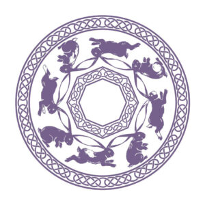 Single color (purple) digital illustration of eight rabbits with connected ears running in a circle. There's both an inner and outer border of celtic knot designs.