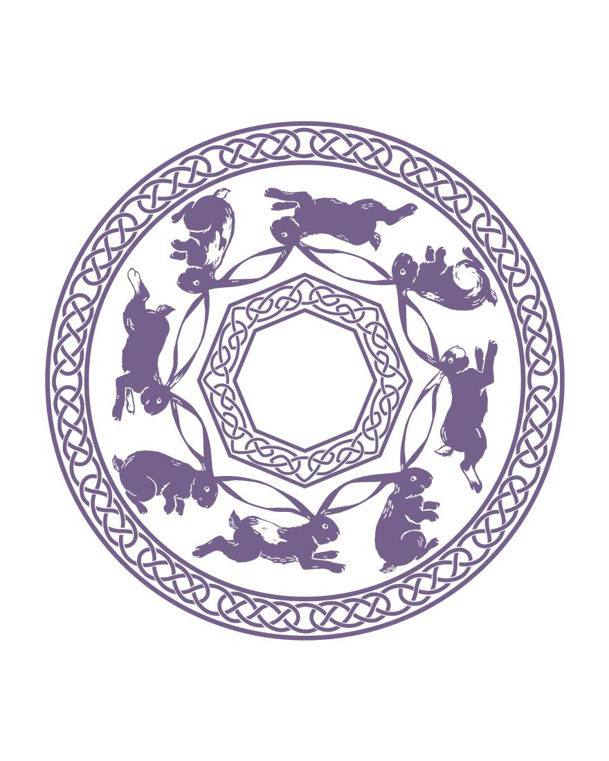 Single color (purple) digital illustration of eight rabbits with connected ears running in a circle. There's both an inner and outer border of celtic knot designs.